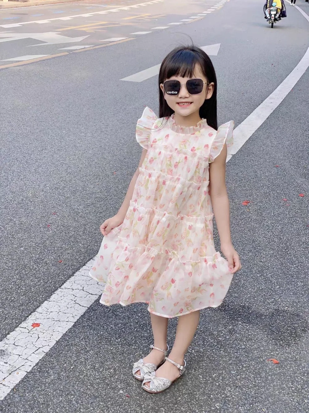 Girls' Floral Tiered Chiffon Dress - Pink 6-7 - Picture 5 of 12